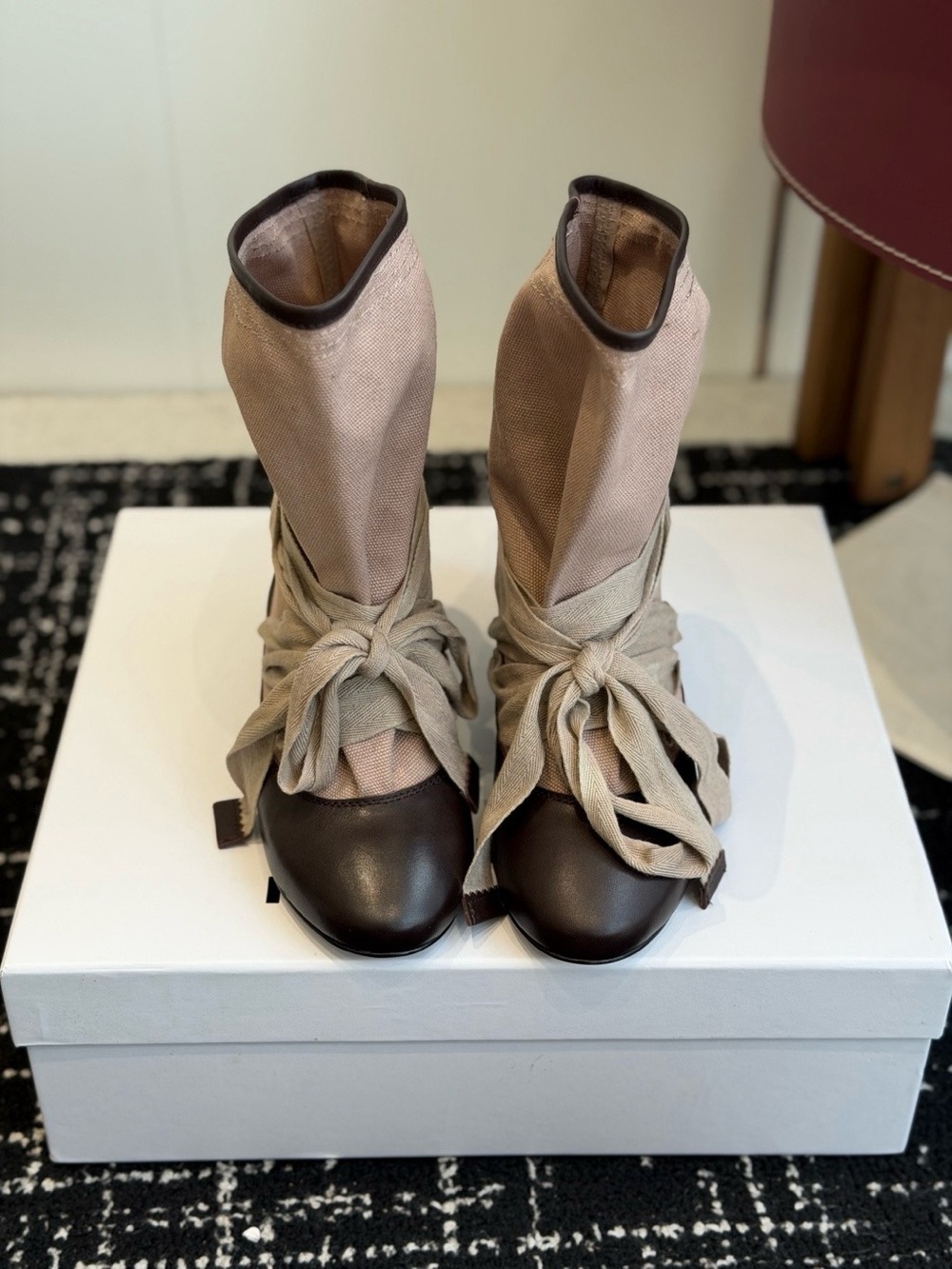 Isabel Marant Two-Tone Beige Canvas and Dark Brown Leather Ankle Wrap Boots - Picture 2 of 8